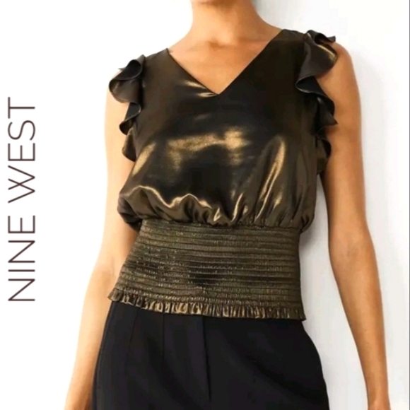 Nine West Sleeveless Ruffle Vneck Gold Blouse NWT - Picture 1 of 6